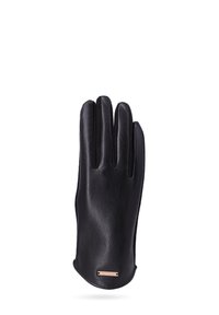 Guanto in pelle nera con quattro dita e superficie testurizzata. Presenta un elemento metallico al polso. Design elegante e moderno.