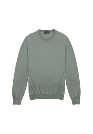 Pull en tricot vert clair avec un col rond, des manches longues, et des poignets et un ourlet côtelés. Texture lisse sans motifs ni accents visibles.