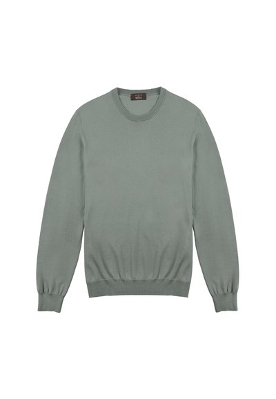Hellegrüner Strickpullover mit Rundhalsausschnitt, langen Ärmeln und gerippten Bündchen sowie Saum. Glatte Textur ohne sichtbare Muster oder Akzente.