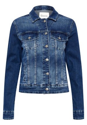 Denim jacket in blue with a classic collar, button front, two chest pockets, and long sleeves. Features faded detailing and silver hardware.