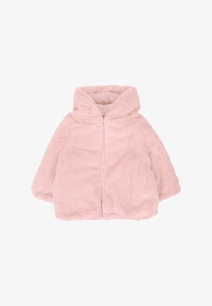 Chaqueta de piel sintética rosa con capucha, que cuenta con un cierre de cremallera y mangas anchas y acolchadas. Textura suave y forro interior liso.
