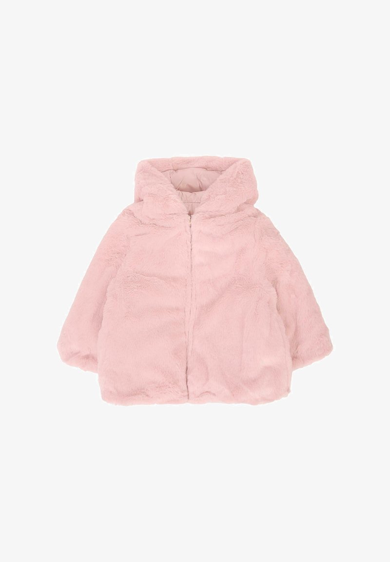 Różowa kurtka z futra syntetycznego z kapturem, z zamkiem błyskawicznym i szerokimi, wyściółkowanymi rękawami. Miękka tekstura i gładka podszewka.