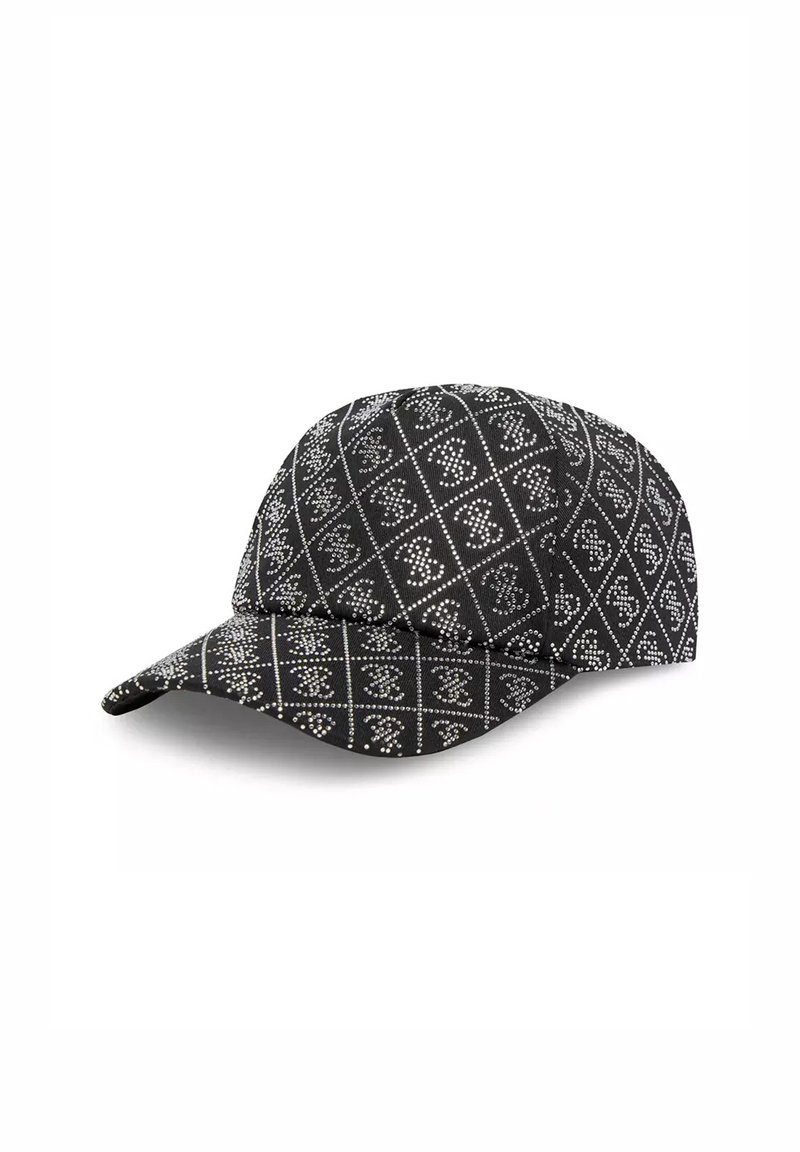 Cappello nero con motivo a rombi, decorato con borchie argentate. Visiera curva e tessuto morbido, progettato per una vestibilità aderente.