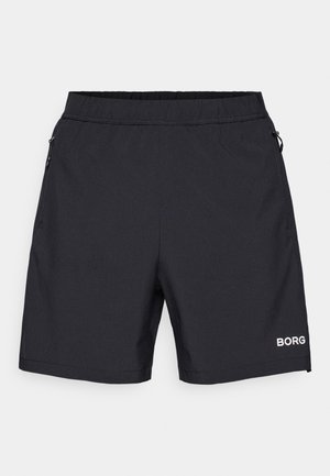 Black sports shorts with an elastic waistband, textured fabric, side zip pockets, and a white "BORG" logo on the lower right side.