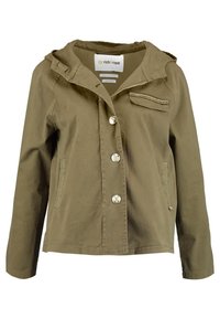 Beige jacka med huva, framknäppning med knappar, två sidofickor och en ficka på bröstet med dragkedja. Tillverkad av ett texturerat, lättviktsmaterial.