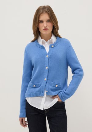 Mujer joven vestida con un cárdigan azul abotonado sobre una camisa blanca y pantalones negros, de pie con una mano en el bolsillo contra un fondo liso.