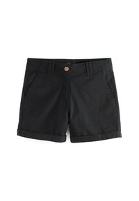 Shorts noirs en coton avec un ourlet roulé, dotés d'une fermeture à bouton et de deux poches latérales. Texture lisse et design simple et fonctionnel.