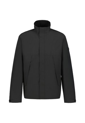 Schwarze Jacke mit hohem Kragen, langen Ärmeln, Seitentaschen und einem Logo-Patch am oberen linken Ärmel.