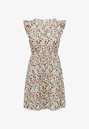 Květinové šaty s bílým pozadím, krátkými volánkovými rukávy, elastickým pasem a vzorem růžových, fialových a žlutých květin na zelených stoncích.