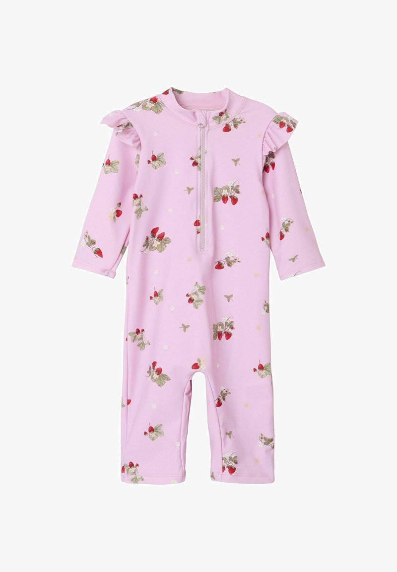 Rosa Badeanzug mit kurzen Rüschensäumen, einem Reißverschluss auf der Vorderseite und einem Blumenmuster mit Erdbeeren und kleinen Blumen.