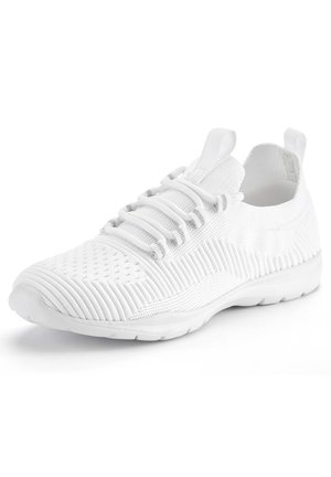 White athletic shoe with a textured knit upper, featuring six elastic laces, a rounded toe, and a flexible rubber sole.