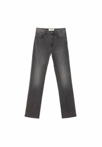 Jeans de mezclilla gris con un corte relajado, piernas rectas, diseño de cinco bolsillos y una sutil textura deslavada. Cierre de botón y cremallera en la cintura.