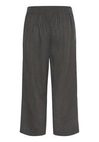 Pantalons larges gris en tissu léger avec une taille élastique, présentant une texture lisse et des lignes simples et épurées.