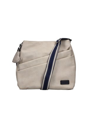 Beige crossbody bag with a textured surface, features a navy striped strap, a zip closure, and an accent tag. Includes folded design elements.