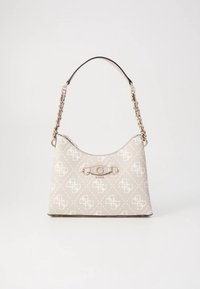 Borsa beige con motivo logo in rilievo, materiale sintetico liscio, tracolla a catena e pelle, con dettaglio metallico e chiusura.