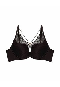 Czarny koronkowy stanik o usztywnionych miseczkach, miękkim pasku z materiału, dekoracyjnych ramiączkach oraz małym złotym akcentem z przodu.