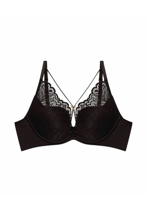 Czarny koronkowy stanik o usztywnionych miseczkach, miękkim pasku z materiału, dekoracyjnych ramiączkach oraz małym złotym akcentem z przodu.