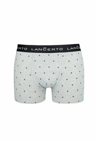 Szare męskie bokserki z czarnym pasem w talii z nazwą marki "LANÇERTO". Materiał ma subtelny wzór z małych kropeczek.