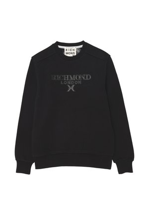 Felpa nera con collo a giro e polsini e orlo a costine, con testo in rilievo "RICHMOND LONDON X" sul petto e etichetta del marchio all'interno del colletto.