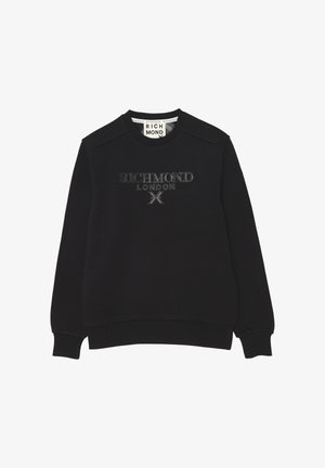 Felpa nera con collo a giro e polsini e orlo a costine, con testo in rilievo "RICHMOND LONDON X" sul petto e etichetta del marchio all'interno del colletto.