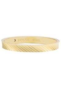 Gold-tone metal bangle bracelet features a diagonal textured design and a small accent stone, with engraved "FOSSIL STEEL" on the interior.