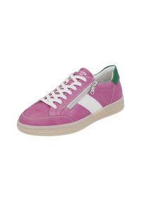 Rosa Wildleder-Sneaker mit weißen Akzenten, einem Reißverschluss an der Seite und einer grünen Ferse. Ausgestattet mit weißen Schnürsenkeln und einer strukturierten Gummisohle.