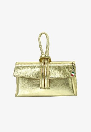 Gold metallic clutch handbag with a knotted handle, smooth texture, flap closure, and a small tag featuring the Italian flag.