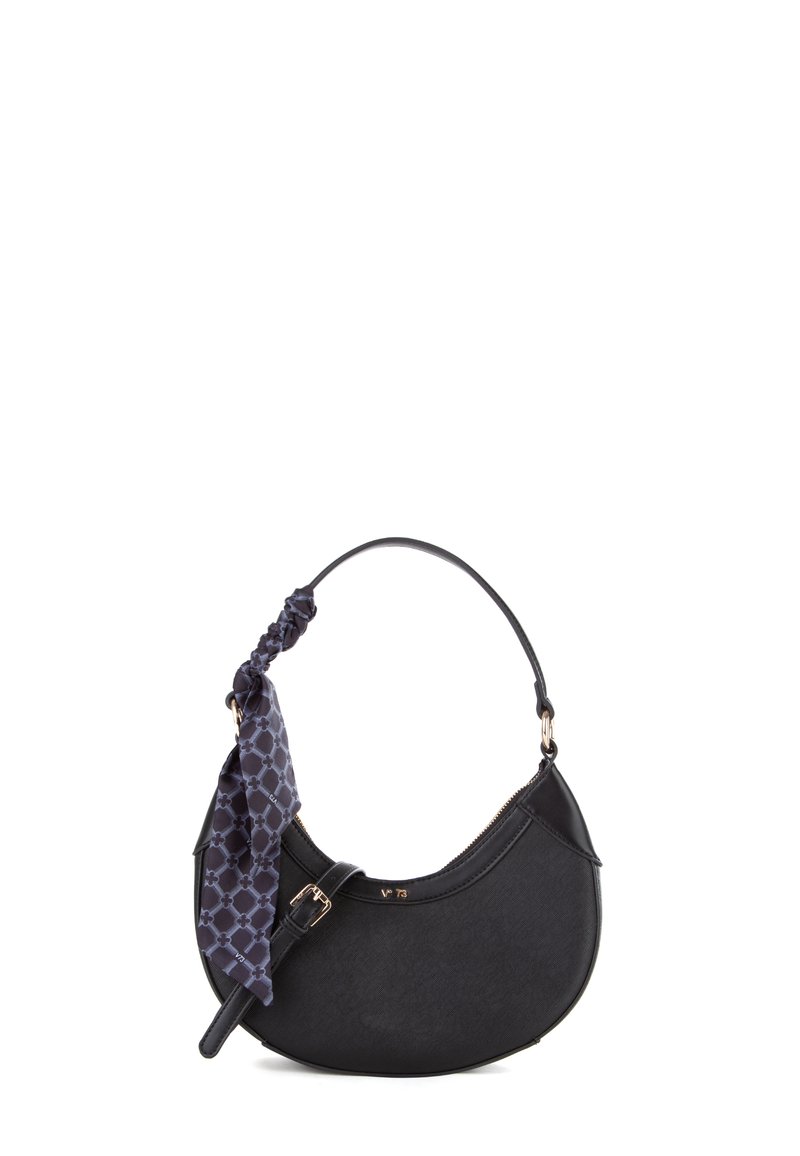 Borsa nera con forma arrotondata, superficie testurizzata e tracolla in tessuto con motivo blu navy. Accenti in metallo dorato.