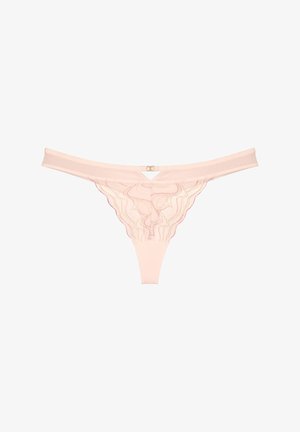 Light pink lace thong with sheer fabric, decorated with subtle swirling embroidery and a small gold ring detail on the waistband.
