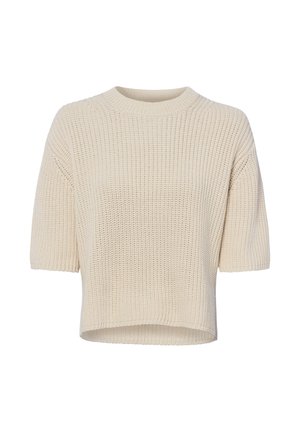 Pull en maille beige à manches courtes avec un col rond et un ourlet légèrement raccourci sur fond blanc.