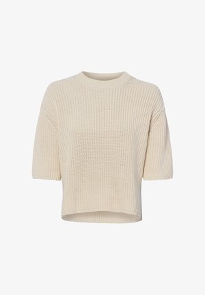 Beiger, kurzärmeliger Strickpullover mit rundem Ausschnitt und leicht gekürztem Saum auf weißem Hintergrund.