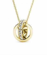 Collana d'oro con pendenti circolari intrecciati, uno dei quali presenta una fila di cristalli trasparenti, superficie liscia e una catena fine.