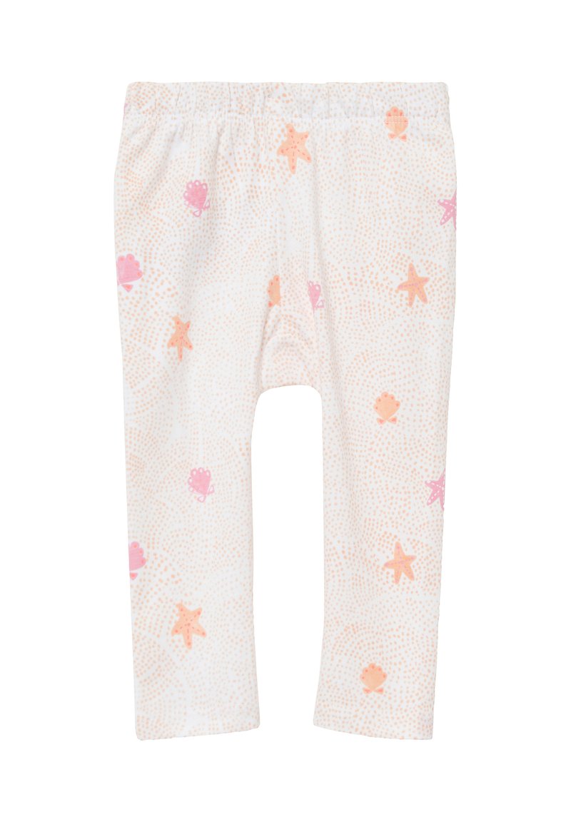 Witte leggings met een zachte elastische tailleband, versierd met een verspreid patroon van roze en oranje sterren en octopussen. Lichtgewicht stof.