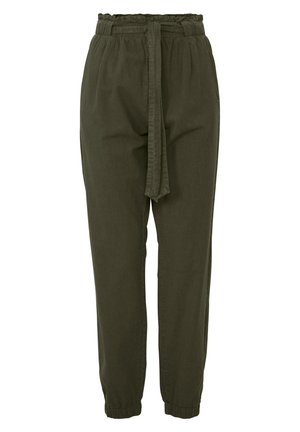 Pantalons fuselés vert olive en tissu doux, dotés d'une taille élastique avec un bord froncé et d'une ceinture en tissu assortie.