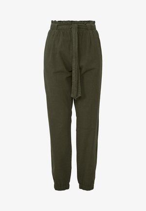 Maslinasto zelene tapered hlače izrađene od mekog materijala, s elastičnim pojasom sa nabranim rubom i odgovarajućim remenom od istog materijala.