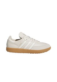 Białe skórzane sneakersy z trzema białymi paskami, teksturowaną gumową podeszwą, zaokrąglonym noskiem oraz subtelnym logo z boku i na języku.