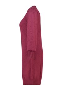 Mauvegebreide jurk met een gestructureerd diamantpatroon, lange mouwen, geribbelde manchetten en een ronde halslijn. Midi-lengte en een aansluitend silhouet.