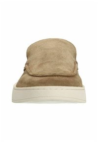 Brown suede slip-on shoe with a rounded toe and a white rubber sole; features a stitched seam along the upper and a smooth texture.