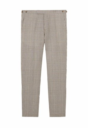 Vékony szabású, bézs és barna kockás nadrág magas derékkal és gombos derékrész részletekkel, formális megjelenéshez szabva.