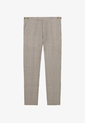 Vékony szabású, bézs és barna kockás nadrág magas derékkal és gombos derékrész részletekkel, formális megjelenéshez szabva.