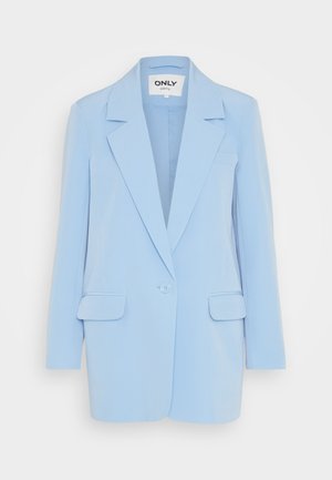 Blazer azzurro chiaro con chiusura a un bottone, rever a scollarino, due tasche frontali e vestibilità sartoriale. Tessuto dalla superficie liscia.