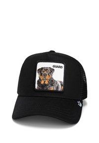 Schwarze Baseballmütze mit Netzrücken, ausgestattet mit einem quadratischen Patch, das einen Rottweiler und das Wort "WACHE" zeigt. Aus Baumwollstoff mit gestickten Details.