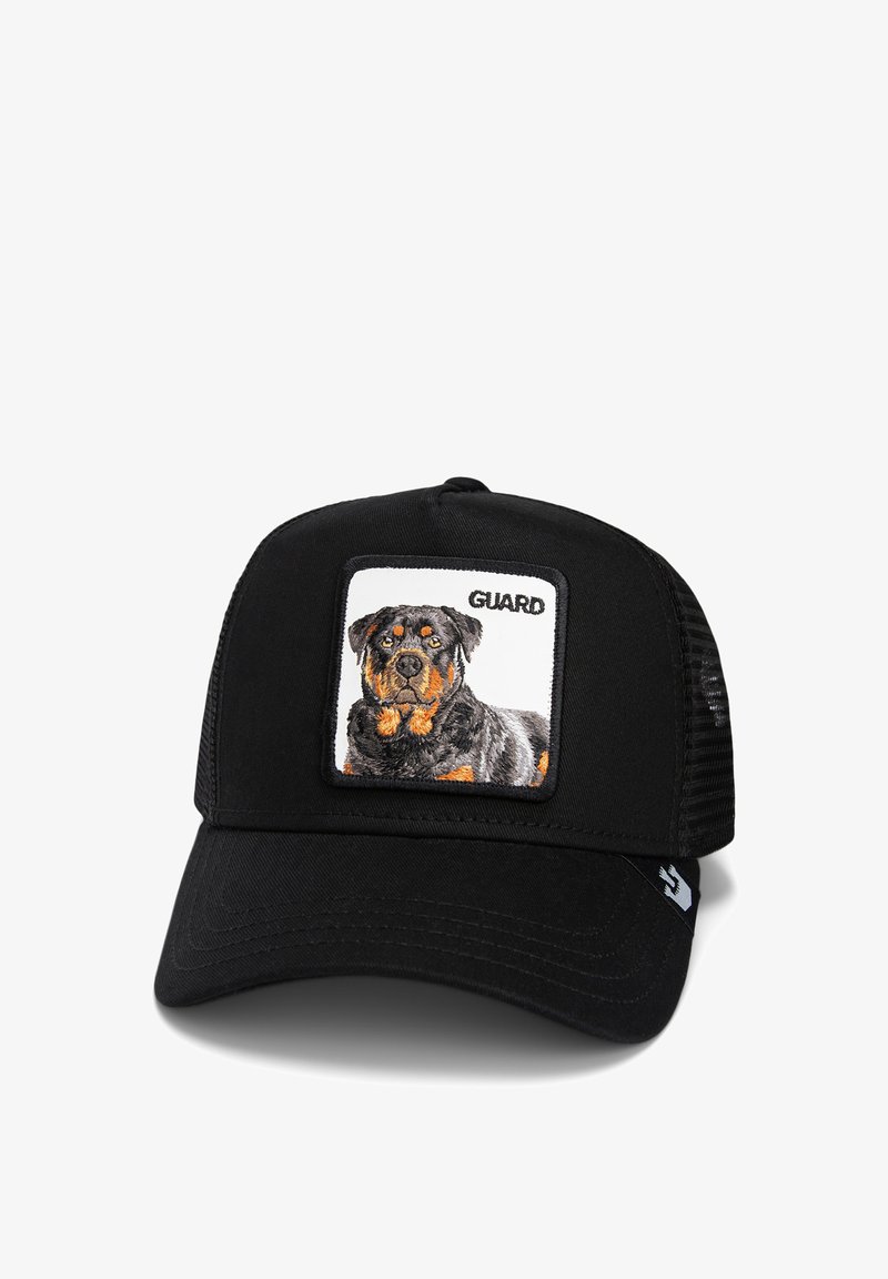 Schwarze Baseballmütze mit Netzrücken, ausgestattet mit einem quadratischen Patch, das einen Rottweiler und das Wort "WACHE" zeigt. Aus Baumwollstoff mit gestickten Details.