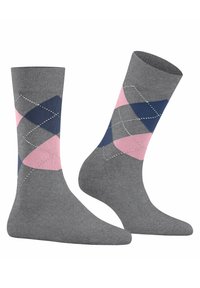 Calcetines grises con un patrón de argyle multicolor que presenta diamantes en rosa y azul marino, acentos de costura blanca y un borde acanalado.