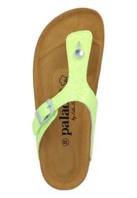 Sandalo flip-flop sintetico verde neon con una cinghia testa di moro testurizzata, fibbia argentata regolabile e una soletta imbottita marrone con branding stampato.