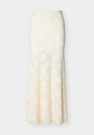 Elfenbeinfarbener langer Rock mit dezentem Blumenmuster, taillen- und hüftbetont, der sich sanft zum Saum hin verbreitert.
