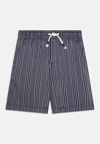 Stripete badebukser i marineblå og lyseblå, laget av lett stoff. Har elastisk midje med snor og sidelommer.