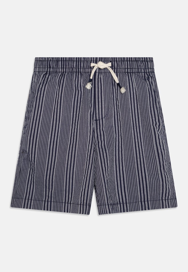 Stripete badebukser i marineblå og lyseblå, laget av lett stoff. Har elastisk midje med snor og sidelommer.