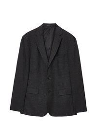 Schwarzer strukturierten Blazer mit zwei Fronttaschen, Reverskragen und Knopfverschluss. Futter ist glatt und in einer kontrastierenden Farbe.