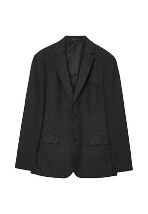 Blazer nero con texture, dotato di due tasche frontali, rever a punta e chiusura con bottone. La fodera interna è liscia e di colore contrastante.